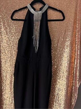 Elegant Black Halter Jumpsuit with Silver Fringe Neckline MARCIANO